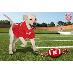 Pets First NCAA Nebraska Cornhuskers Football Dog Toy, Tough Quality Nylon Materials, Strong Pull Ropes, Inner Squeaker, Collegiate Team Color