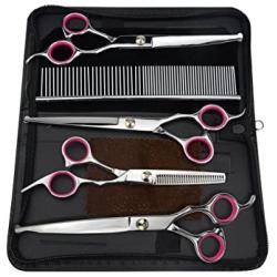 LILYS PET 7.0''/7.5'' Round-TIP Safety Professional Stainless Steel PET Dog Cat Grooming Scissors Set,Pink Ring, Cutting&Curved&Thinning Shears Set