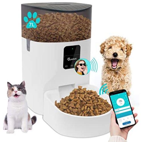 OUHOUG 7L Automatic Cat Feeder,Timed Cat Feeder with Desiccant Bag for Dry Food,Programmable Portion Control 1-10 Meals per Day and Voice Recorder,for Small/Medium Pets