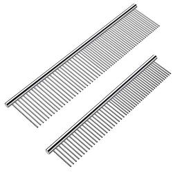 Cafhelp 2 Pack Dog Combs with Rounded Ends Stainless Steel Teeth, Cat Comb for Removing Tangles and Knots, Professional Grooming Tool for Long and Short Haired Dog, Cat and other pets, 6.3IN/7.4IN