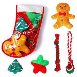 Christmas Dog Stocking Gifts Set - Dog Toy Filled - Festive Puppy Stocking Variety Pack Toy with Squeaky Toy/ Cotton Knotted Rope Toy - 5 Packs