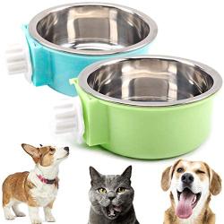 N/H 2 Pcs Dog Crate Water Bowl No Spill, Removable Dog Food Bowls, No Spill Dog Bowl for Crate, Stainless Steel Crate Water Bowl Hanging Food Water Feeder Coop Cup for Pet (Green, Blue)