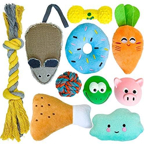 SCHITEC Squeaky Dog Toy Set, [10 Pack] Latex Squeak Toys & Stuffed Plush Squeaker Toys & Rope Chew Toys for Puppy Small Pet Dogs Interactive Fetch Teething