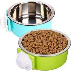 ZYYRT Crate Dog Bowl Set Removable Stainless Steel Hanging Cat Cage Bowl Food & Water Feeder Coop Cups for Puppy, Birds, Rats, Guinea Pigs (2 Pack, Blue and Green)