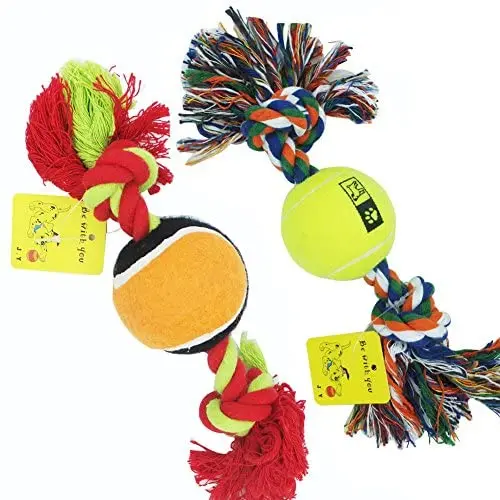 J.Y 12 Pet Cotton Rope with Tennis Balls Tough Dog Toys for Aggressive Chewers,Tug and Fetch for Small and Medium Dogs Pack of 2 J.Y 12 Pet Cotton Rope with Tennis Balls Tough Dog Toys for Aggressive Chewers,Tug and Fetch for Small and Medium Dogs Pack of 2