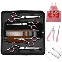 MINIDIO Dog Grooming Scissors Kit, Pet Dog Hair Cutting Scissors for Grooming Stainless Steel Shears Straight Scissors Curved Scissors Tooth Scissor Nail Clipper Apron Comb with PU Leather Storage Bag