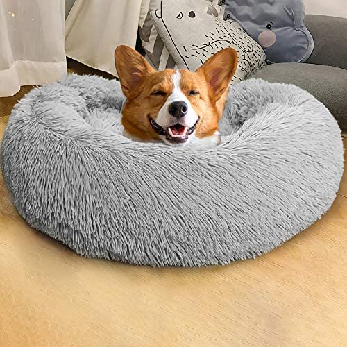 Homore Fluffy Dog Bed, Furry Round Pet Beds for Small Medium Large Dogs, Ultra Soft Donut Cuddle Bed Claming Puppy Cat Bed Plush Cushion Washable, 23’’ / 30