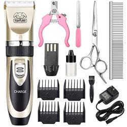 CAHTUOO Dog Grooming Clippers, Professional Pet Grooming Kit Rechargeable Pet Shaver Cordless Silent Dog Hair Trimmer with 4 Comb Attachments & Extra Tools for Dogs Cats and Pets