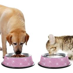 SAVORI Bling Dog Bowls Pink, 640ML Handmade Bling Rhinestones Stainless Steel Pet Bowls Double Food Water Feeder for Puppy Cats Dogs - Set of 2