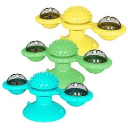PET ARTIST 3 Pieces Windmill Cat Toy - Suction Cup Interactive Funny Cat Toy with Bell and Catnip Ball - Turntable Massage Scratch Pet Toy