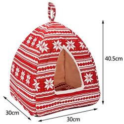 Hollypet Self-Warming 2 in 1 Foldable Comfortable Triangle Cat Bed Tent House, Red Snow