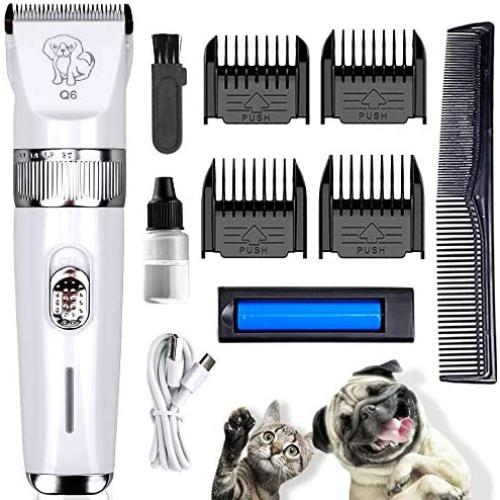 FUNFLOWERS Dog Hair Clippers Rechargeable Quiet Design, 5 Adjustable Blade + 4 Guide Combs, High Power Cordless Pet Hair Grooming Kit, for Dogs Cats with Thick & Heavy Coats