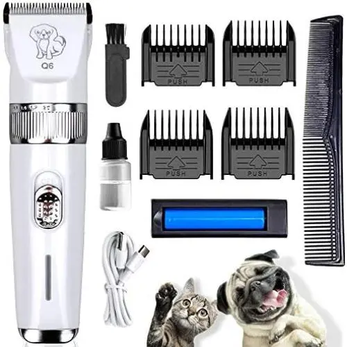 FUNFLOWERS Dog Hair Clippers Rechargeable Quiet Design, 5 Adjustable Blade + 4 Guide Combs, High Power Cordless Pet Hair Grooming Kit, for Dogs Cats with Thick & Heavy Coats
