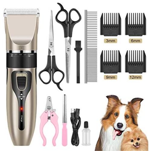 GENERA Dog Clipper, Low Noise Cordless Pet Clippers of 4 Comb Guides with Nail Scissors, Professional Dog Hair Trimmer with Nail Kits for Dogs Cats & More