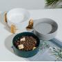 QFULL Ceramic Round Dog Cat Bowl - Durable Ceramic Food Water Elevated Dish for Pet,with Wood Stand,28 Ounces