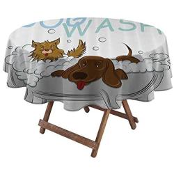 DayDayFun Table Cloths for Round Tables Nursery Decor Collection Table Linens Playful Dogs Bathing in a Bathtub Bath Time Grooming Clean Pets Theme Illustration 48'' Diameter White Brown Blue