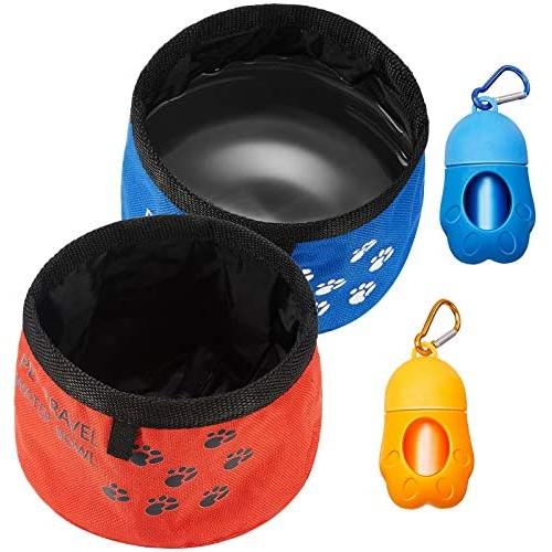 2 Pieces Collapsible Dog Bowls Portable Travel Pet Bowl with 2 Pieces Dog Waste Bag Holder Dispenser for Pets Dogs Cats