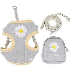 PETCARE Pet Dog Cat Harness and Leash Set with Bags Soft Mesh Cute Gray Daisy Embroidery Dog Vest Harness for Puppy Small Dogs Cats