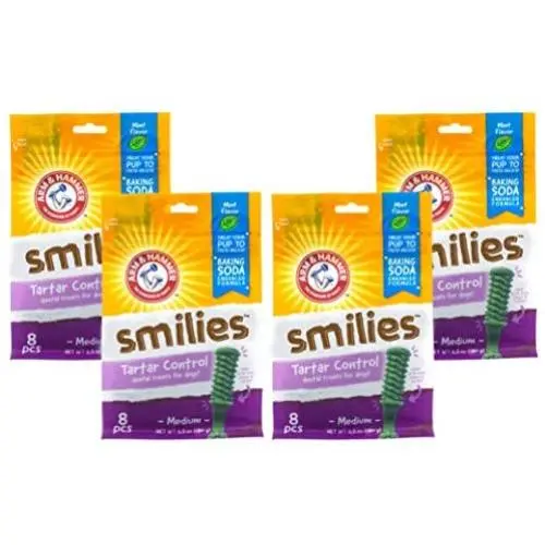 Arm & Hammer for Pets Smilies Dental Chews for Dogs | Dental Chews Fight Bad Dog Breath, Plaque & Tartar Without Brushing | Fresh Mint Flavor, 8 Pieces Dog Dental Treats, Pack of 4 Arm & Hammer for Pets Smilies Dental Chews for Dogs | Dental Chews Fight Bad Dog Breath, Plaque & Tartar Without Brushing | Fresh Mint Flavor, 8 Pieces Dog Dental Treats, Pack of 4