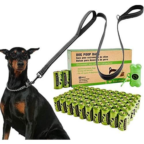 6 FT Reflective Dog Leash with 2 Handles, 60 Rolls / 900 Count Dog Poop Bags with Dispenser