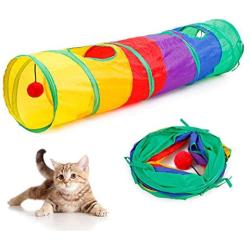 Cat Tunnel with Plush Ball, Interactive Peek-a-Boo Cat Chute Cat Tube Toy, Foldable Rainbow S-Tunnel for Indoor Cat, for Puzzle Exercising Hiding Training and Running with Fun Ball and 2 Peek Hole