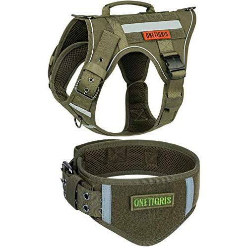 OneTigris Tactical Dog Harness and Collar Set, No Pulling Adjustable Pet Harness Reflective K9 Training Vest Military Service Dog Harness Easy Control for Medium Large Dogs(Ranger Green,M)