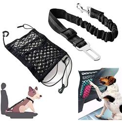 HDCBMCDDM-US Upgraded 3-Layer Car Dog Barrier and Dog Seat Belt, Auto Seat Net Organizer & Adjustable Pet Car Harness with Elastic Nylon Buffer for Small Medium Dogs and Cats