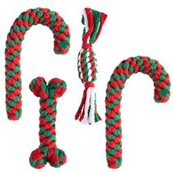 MEWTOGO 4 Pcs Dog Rope Toy- Christmas Candy Cane Rope Chew Toy Durable Interactive Cotton Rope Toys Puppy Rope Teething Toy for Dog Training Teeth Cleaning Christmas Decoration Gift