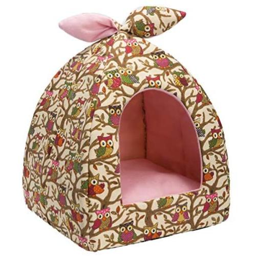 Hollypet Self-Warming 2 in 1 Foldable Comfortable Triangle Owl Cat Bed Tent House