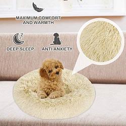 Bathonly Calming Anti-Anxiety Pet Bed Pillow Bed Faux Fur Cuddler Donut Bed for Small Dogs and Cats up to 25 pounds,Tan 23.6