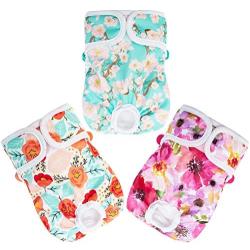 PUPTECK Floral Dog Diapers Female 3 Pack - Reusable and Washable, Highly Absorbent with Strong Velco & Adjustable Elastic Band for Puppies Doggies