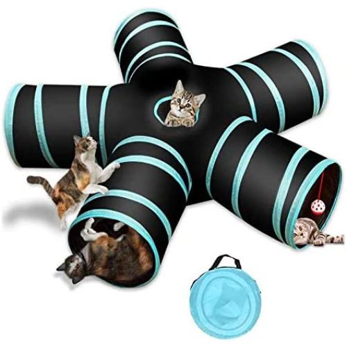 YNNG 5 Way Pet Tunnel with Hanging Bell Toy, Collapsible Pet Play Tunnel Tube with Storage Bag for Indoor and Outdoor Use