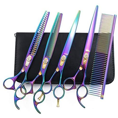 Klngstar 8.0'' Professional Pet Grooming Scissors Thinning Shear & Sharp Edge Cutting Shears & Curved Scissor & Chunker Shears - Japan 440C Stainless Steel - Puppy Grooming Comb & Bag