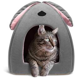 Hollypet Self-Warming 2 in 1 Foldable Comfortable Triangle Cat Bed Tent House, Baby Gray