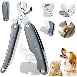 By-Heart Dog Nail Clippers, Foldable Pet Nail Trimmers with Safety Guard & Lock, Free Nail File and Comb, Professional Pet Nail Clippers for Large and Small Animals, Gray