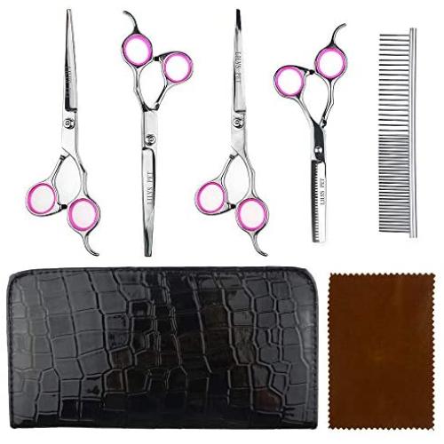 LILYS PET Professional PET Dog Grooming Scissors Suit,RED/Blue Ring, Cutting&Curved&Thinning Shears