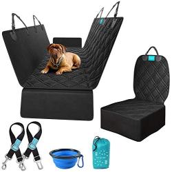 Dog Car Seat Covers Backseat Hammock Cover + Front Pet Car Seat Protector + 2 Dog Seat Belt Leashes + Travel Bowl Material 100% Waterproof Durable Washable Stylish