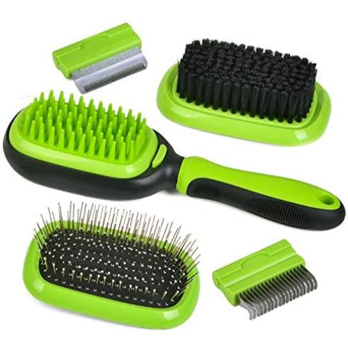 FUN LITTLE TOYS Dog Brush & Cat Brush Cleaning Slicker Pet Grooming Comb 5 in 1 Massage Brush, Pin Brush, Bristle Brush, Dematting Comb & Deshedding Comb