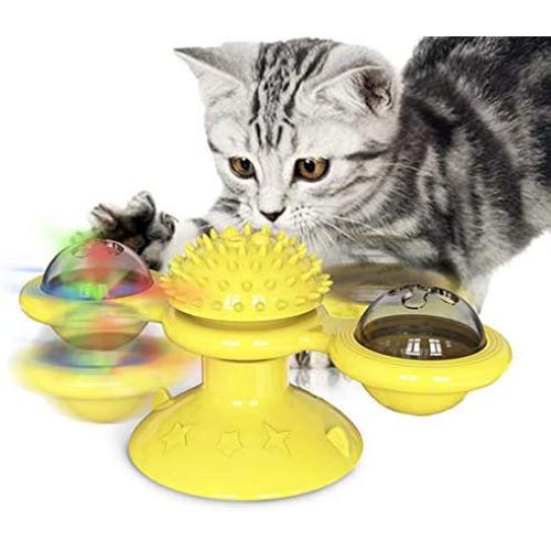 DFHJDF Windmill Cat Toys Turntable Teasing Interactive Catnip Pet Toys LED Ball and Massage Suction Cup Cats Hair Brush Funny Kitten Toys