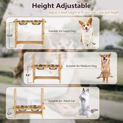 Qucey Pet Raised Bowls for Dogs and Cats, Bamboo Elevated Dog Feeder Stand 3 Heights Adjustable with 2 Stainless Steel Food Bowl