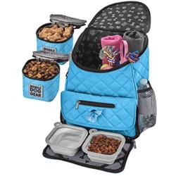 Mobile Dog Gear, Dog Travel Bag, Deluxe Quilted Weekender Backpack, Includes Lined Food Carriers and 2 Collapsible Dog Bowl