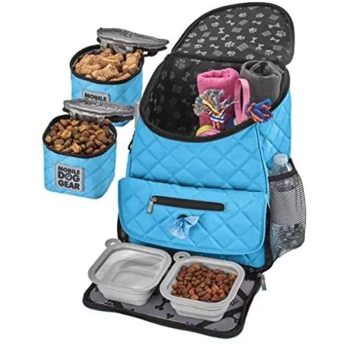 Mobile Dog Gear, Dog Travel Bag, Deluxe Quilted Weekender Backpack, Includes Lined Food Carriers and 2 Collapsible Dog Bowl