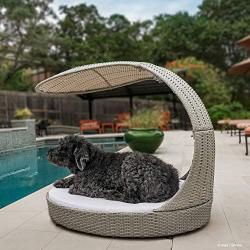 The Refined Canine Outdoor Dog Chaise Bed w/Shade Hood, Waterproof Poly Rattan Lounger with Washable Cushion