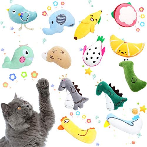 Sumind 13 Pieces Plush Catnip Toys Interactive Cat Toys Cat Chewing Toys Fruit Shape Cat Playing Toys Cartoon Cat Entertaining Toys for Pet Kitten Cat Playing Chewing Grinding Claw and Teeth Cleaning