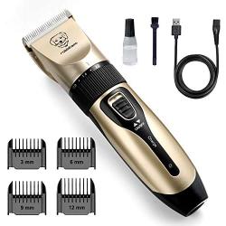 rabbitgoo Dog Grooming Clippers, Rechargeable Pet Hair Trimmer Doggy Grooming Kit, Electric Shaver Hair Remover Kit with 4 Guide Combs Low Noise Cordless Accessories for Pets/Dogs/Cats/Rabbits