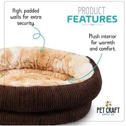 Pet Craft Supply Round Cat Bed - Cute and Comfortable Self Warming Plush Calming Cat Bed for Indoor Cats, Brown (2171)