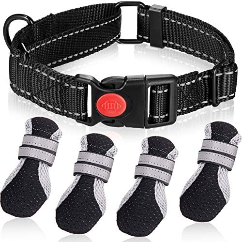 5 Pieces Pet Nightwalk Reflective Set Include Reflective Dog Collar with Safety Locking Buckle and Puppy Breathable Soft Nonslip Mesh Boots with Reflective Straps for Small Medium Large Pets