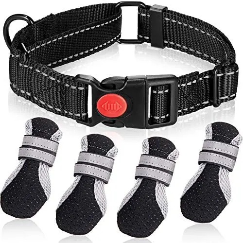 5 Pieces Pet Nightwalk Reflective Set Include Reflective Dog Collar with Safety Locking Buckle and Puppy Breathable Soft Nonslip Mesh Boots with Reflective Straps for Small Medium Large Pets 5 Pieces Pet Nightwalk Reflective Set Include Reflective Dog Collar with Safety Locking Buckle and Puppy Breathable Soft Nonslip Mesh Boots with Reflective Straps for Small Medium Large Pets