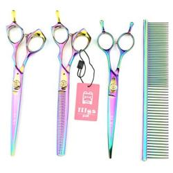 LILYS PET HIGH-END SERIES Japan 440C Pet Grooming Scissors Set,Rainbow Color,Cutting&Thinning&Two-way Curved shears Set (7.0'')