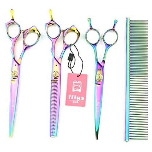 LILYS PET HIGH-END SERIES Japan 440C Pet Grooming Scissors Set,Rainbow Color,Cutting&Thinning&Two-way Curved shears Set (7.0'')